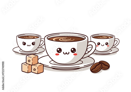 Three Kawaii Coffee Cups with Swirled Cream Sugar Cubes and Coffee Beans.