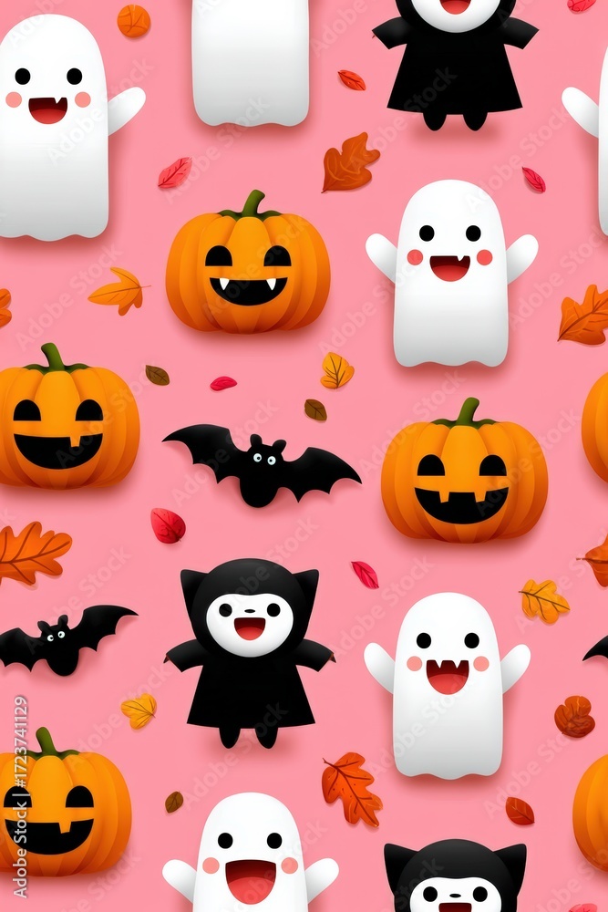 Fototapeta premium Cute Halloween Pattern with Ghosts, Pumpkins, Bats, and Leaves