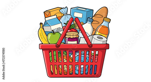 Full Red Shopping Basket Illustration With Variety of Food Items