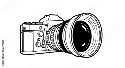 Vintage Camera with Large Lens in Black and White Outline