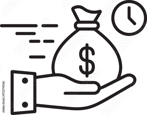 Hand holding money bag with dollar sign and clock icon on white background vector illustration