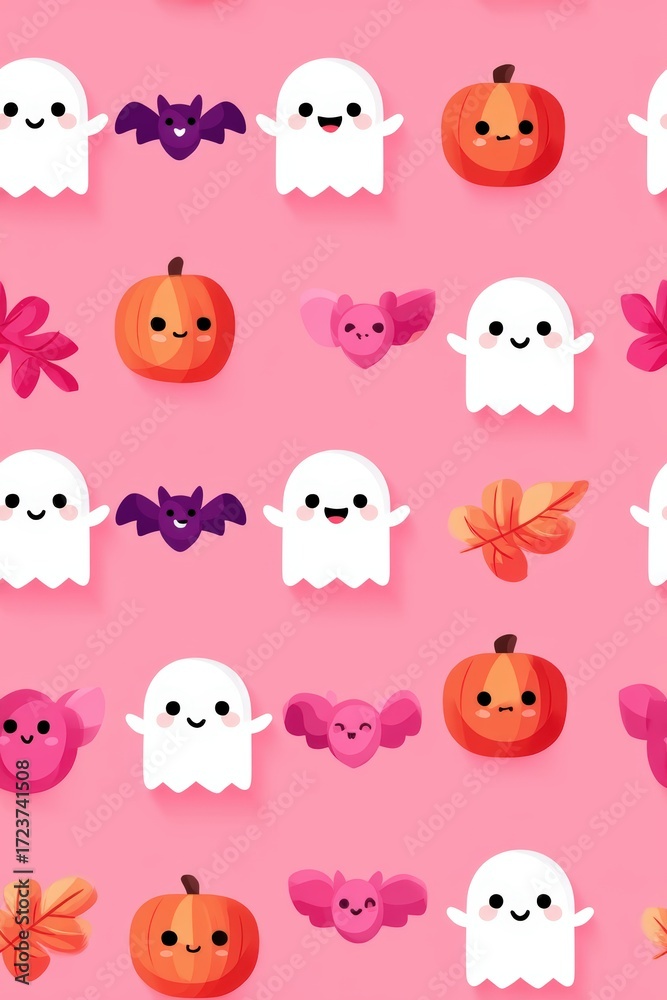 Fototapeta premium Cute Halloween Pattern with Ghosts, Bats, Pumpkins, and Leaves