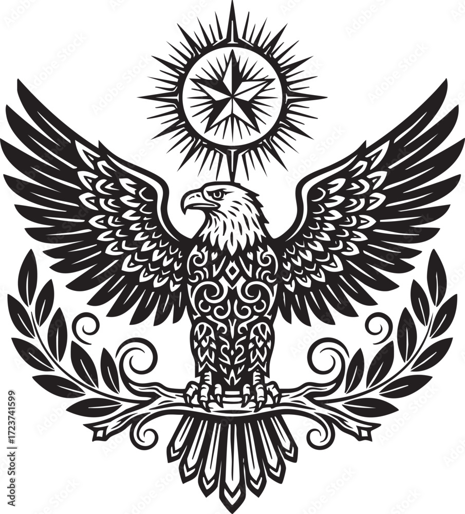 Fototapeta premium Ornamental Eagle Emblem with Sun and Star Design