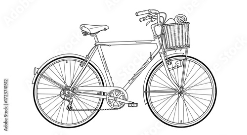Elegant vintage bicycle drawing with basket and rolled blanket.