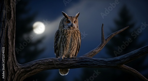 Owl on branch with moonlit night. (1)