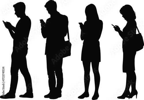 Silhouette of people using smartphones, digital communication, social media addiction, mobile technology, online lifestyle, internet generation, connected world, modern communication trend