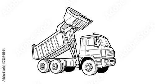 Heavy-duty dump truck outline with lifted bed, ready for construction.