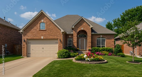 Chicago il usa - july 6 2021: a brick suburban home with landscaping two car garage and large windows.