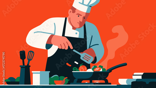 The chef is cooking in the kitchen, with hand-drawn vector illustrations
