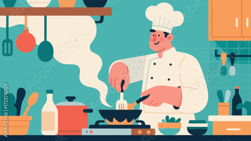 The chef is cooking in the kitchen, with hand-drawn vector illustrations