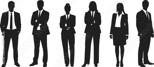 Silhouette group of businessmen and businesswomen in formal suits, professional corporate team, office workers, leadership, teamwork, executive fashion illustration