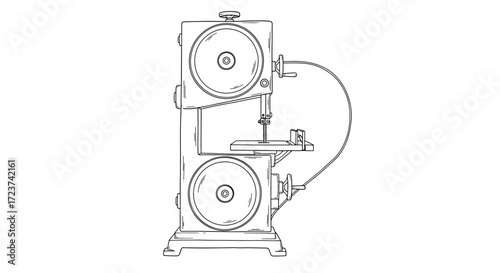 Bandsaw illustration showing vintage woodworking equipment isolated on white backdrop