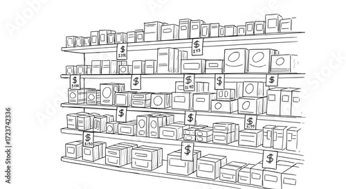 Sketch of retail shelves stocked with boxed goods and price tags