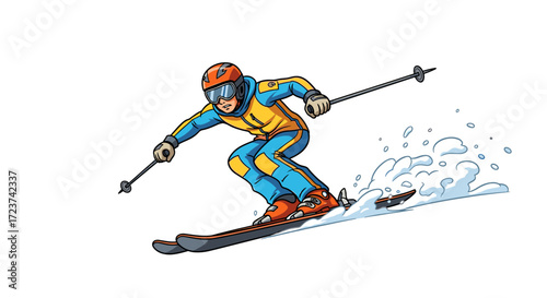 Cartoon skier gliding down slope with speed and agility.