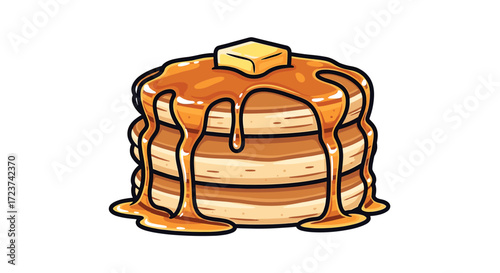 Delicious cartoon stack of pancakes with melting butter and syrup.
