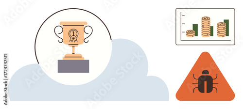 Trophy symbolizing success, bar and coin chart representing progress, bug triangle indicating challenges. Ideal for achievement, performance, growth, analysis, risk, troubleshooting simple flat