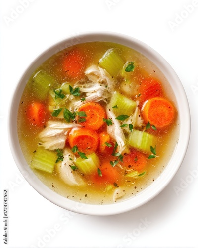 Photorealistic bowl of chicken vegetable soup (clear broth with carrots, celery) on a white background