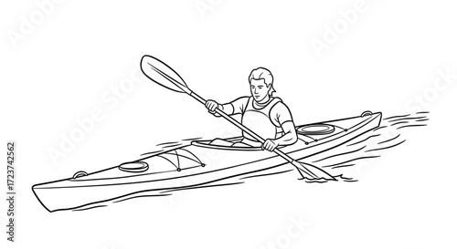 Line art image of kayaker paddling the kayak on the water