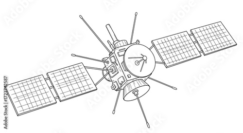 Detailed line art illustration depicting a satellite in orbit.