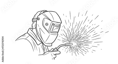 Welder at Work with Protective Mask and Welding Torch Illustration