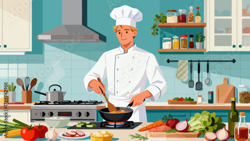 The chef is cooking in the kitchen, with hand-drawn vector illustrations