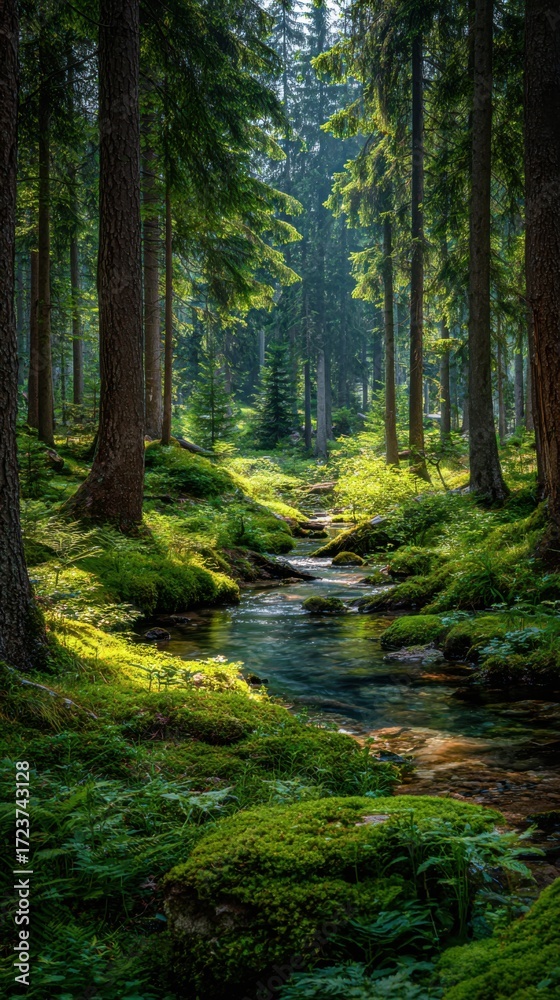 Obraz premium Lush forest stream flowing through mossy woodland