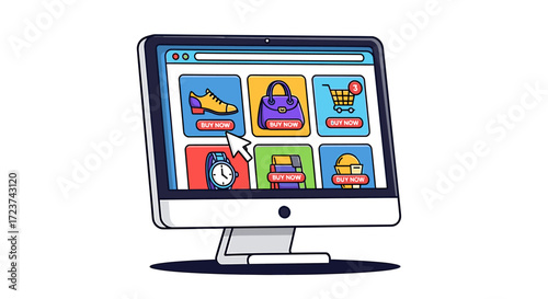 Online shopping interface display with cursor clicking on various items