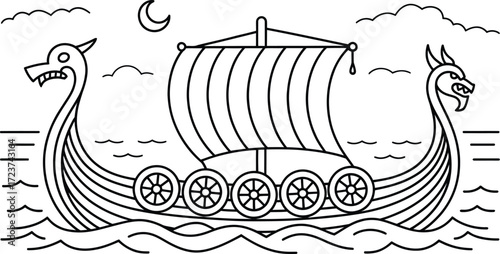 Viking Longship Vector Line Art - Traditional Norse Dragon Boat with Sail and Oars