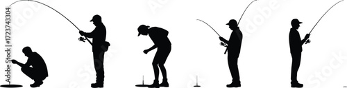 Ice fishing silhouettes, winter outdoor activity, men fishing on frozen lake, flat vector illustration, isolated black figures on white background