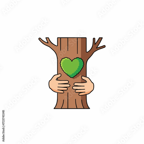 Conceptual icon of hands hugging a tree trunk with a green heart, symbolizing a love for nature, environmental conservation, and ecological care