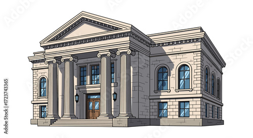Illustration of a grand building with classical architecture details.