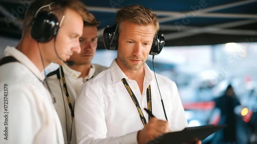Pit crew huddling in tent before race chief drawing on whiteboard dangling headsets unwrapped energy bars gleaming car outside. Focused photo with marker lines headset wires