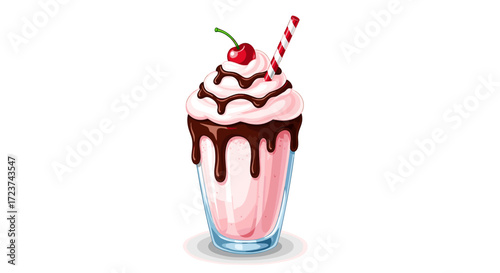 Cartoon Pink Milkshake with Chocolate Drizzle and Striped Straw