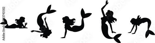 Mermaid silhouette collection, fantasy sea illustration, underwater mythical creature, ocean fairy design, aquatic beauty concept, flat vector illustration