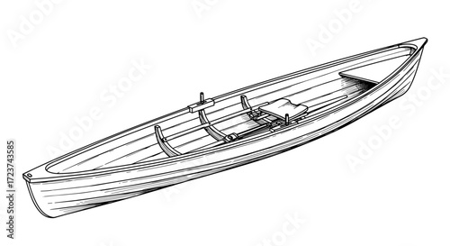 Detailed Pen Drawing of Rowing Scull Boat on White Background
