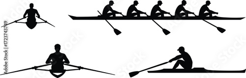 Rowing boat silhouette, team rowing illustration, athlete paddling, water sport design, kayaking and canoeing concept, flat vector illustration