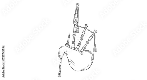 Intricate Black and White Bagpipe Illustration against a Crisp White Background
