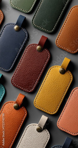 Colorful collection of handmade leather keychains on a gray background.