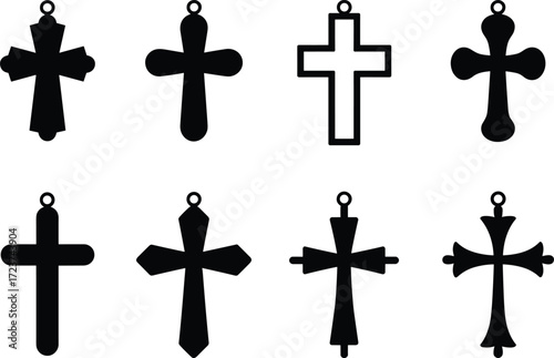 Set of eight different crosses and crucifix silhouettes, an illustration of various religious and spiritual symbols on a white background