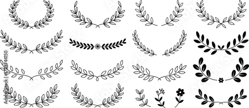 Set of different laurel wreaths vector illustration, a decorative black and white collection of leaf and flower icons on a white background