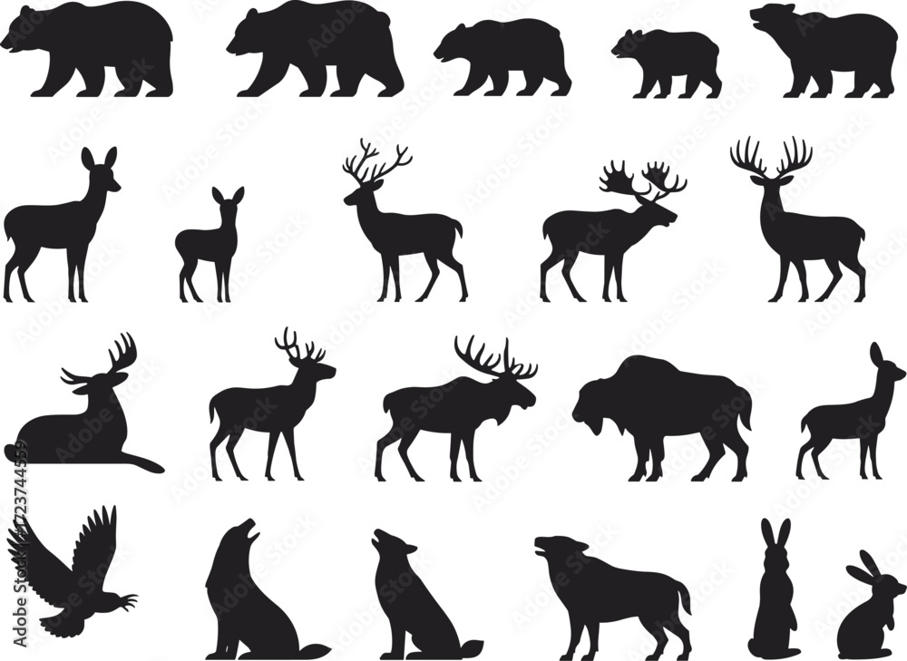 Naklejka premium Set of forest animals silhouettes, a collection of bears, deer, moose, rabbits, and eagles on a white background, flat vector