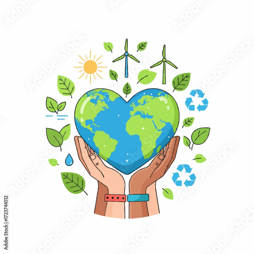A colorful illustration representing the concept of saving the planet, showing hands holding a heart-shaped Earth surrounded by renewable energy and nature symbols