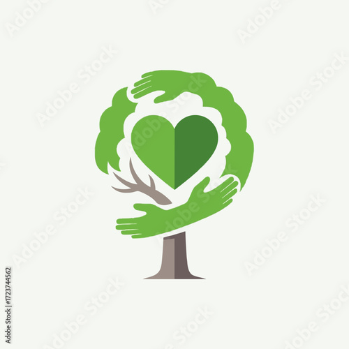 A conceptual illustration of a green tree formed by caring hands, with a heart at its center symbolizing love for nature and environmental protection