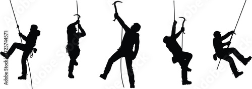 Set of five mountain climbers silhouettes, an illustration of people on ropes with climbing gear, flat vector
