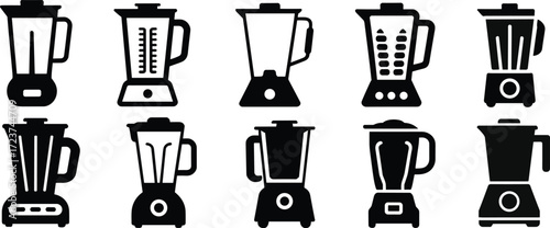 Set of ten black blender icons, a collection of different kitchen appliance silhouettes, vector illustration, isolated on white background