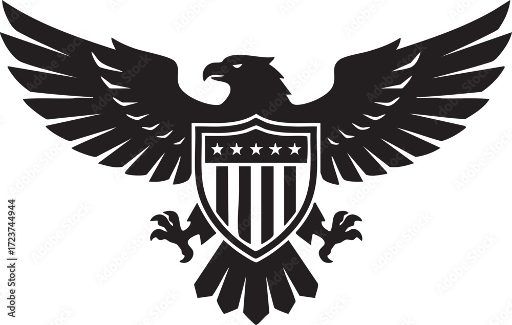 Obraz premium Heraldic American Eagle Emblem with Shield – Black Silhouette Vector