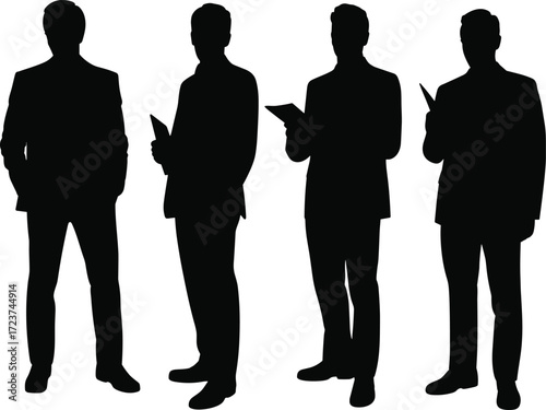 Silhouette of business men holding tablets and standing in formal pose, corporate professionals in suit, isolated, flat vector illustration