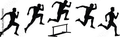 Silhouette of male athletes running and jumping over hurdles, dynamic track and field movement, isolated on white background, flat vector illustration