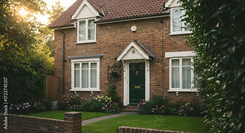 Close-up of a typical british residential house with small entrance garden