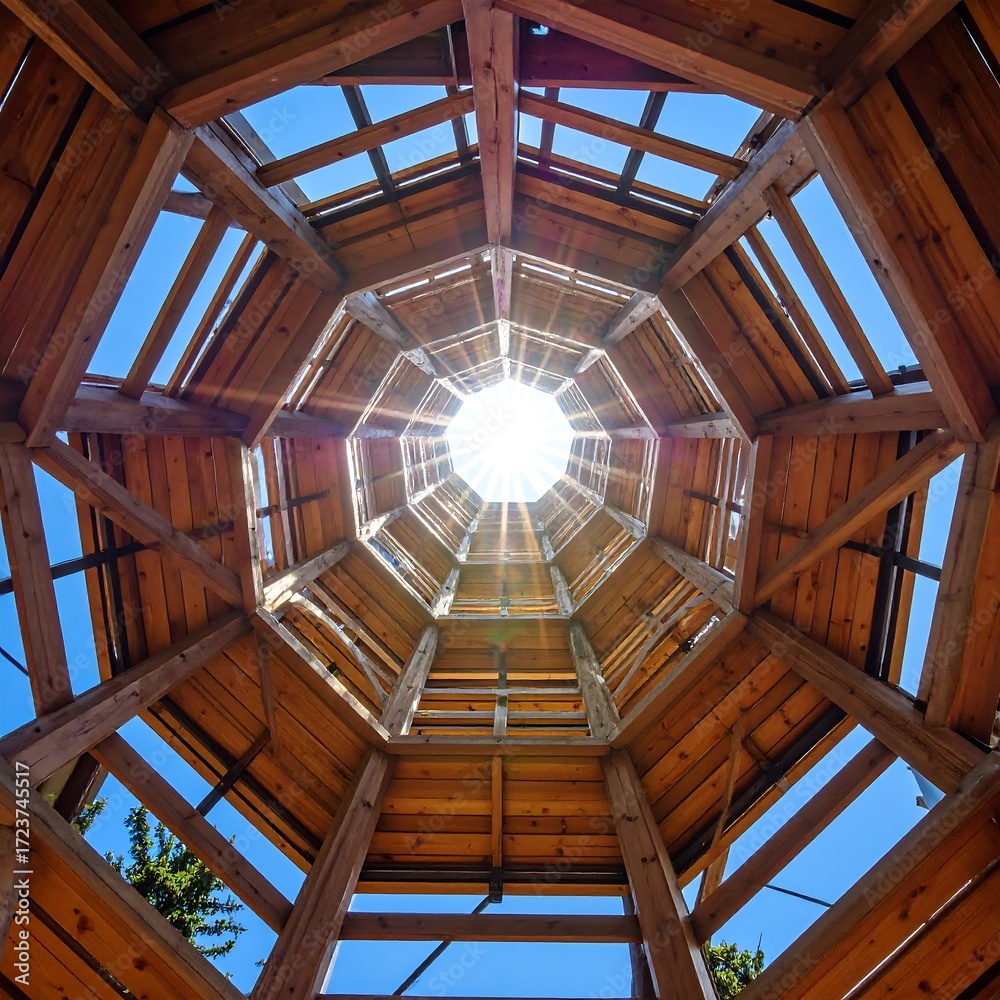 Fototapeta premium Wooden tower, sun rays, interior view
